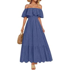 imageZESICA Womens 2026 Summer Off Shoulder Ruffle Midi Dress Short Sleeve High Waist Hollow Out Embroidery Party DressesDusty Blue