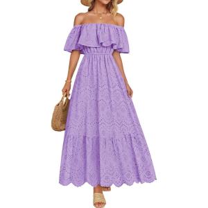 imageZESICA Womens 2026 Summer Off Shoulder Ruffle Midi Dress Short Sleeve High Waist Hollow Out Embroidery Party DressesLight Purple