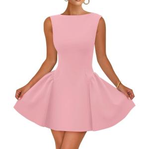imageZESICA Womens 2026 Summer Sleeveless Cocktail Mini Dress Boat Neck Backless Swing A Line Wedding Club Party Short DressesPink