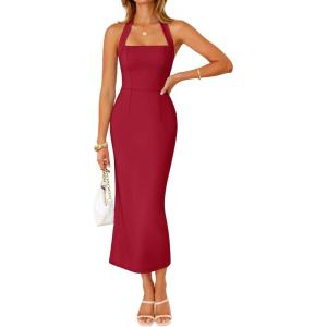 imageZESICA Womens 2026 Summer Sleeveless Midi Dress Halter Neck Backless Wedding Guest Cocktail Party Bodycon Long DressesRed