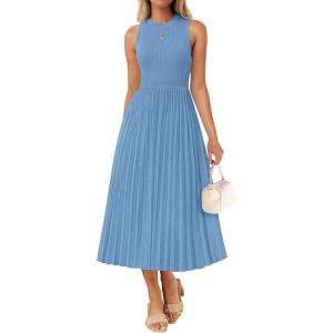 imageZESICA Womens 2026 Summer Sleeveless Midi Dresses Casual Crewneck Ribbed Knit Pleated A Line Swing Long Party DressDusty Blue