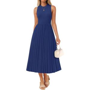 imageZESICA Womens 2026 Summer Sleeveless Midi Dresses Casual Crewneck Ribbed Knit Pleated A Line Swing Long Party DressNavy