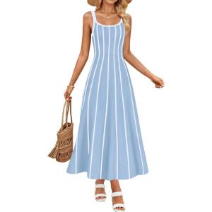 imageZESICA Womens 2026 Summer Sleeveless Striped Midi Dresses Casual A Line Swing Knit Long Dress Beach Vacation ClothesBlue