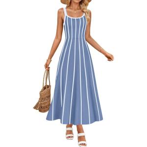 imageZESICA Womens 2026 Summer Sleeveless Striped Midi Dresses Casual A Line Swing Knit Long Dress Beach Vacation ClothesDusty Blue
