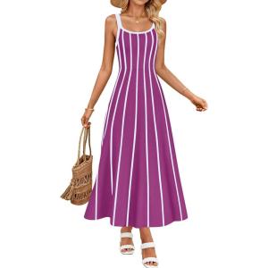 imageZESICA Womens 2026 Summer Sleeveless Striped Midi Dresses Casual A Line Swing Knit Long Dress Beach Vacation ClothesPlum