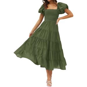 imageZESICA Womens 2026 Summer Square Neck Short Puff Sleeve Solid Color High Waist Casual Smocked Flowy A Line Tiered Midi DressArmy Green