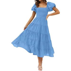 imageZESICA Womens 2026 Summer Square Neck Short Puff Sleeve Solid Color High Waist Casual Smocked Flowy A Line Tiered Midi DressBlue