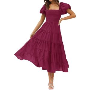 imageZESICA Womens 2026 Summer Square Neck Short Puff Sleeve Solid Color High Waist Casual Smocked Flowy A Line Tiered Midi DressFuchsia