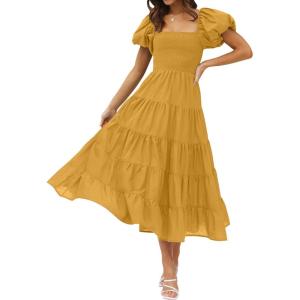 imageZESICA Womens 2026 Summer Square Neck Short Puff Sleeve Solid Color High Waist Casual Smocked Flowy A Line Tiered Midi DressGinger