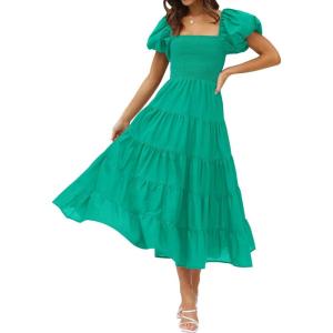 imageZESICA Womens 2026 Summer Square Neck Short Puff Sleeve Solid Color High Waist Casual Smocked Flowy A Line Tiered Midi DressGreen