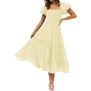 imageZESICA Womens 2026 Summer Square Neck Short Puff Sleeve Solid Color High Waist Casual Smocked Flowy A Line Tiered Midi DressLight Yellow