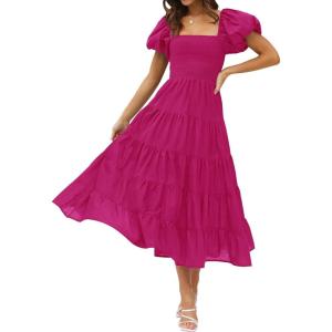 imageZESICA Womens 2026 Summer Square Neck Short Puff Sleeve Solid Color High Waist Casual Smocked Flowy A Line Tiered Midi DressRose