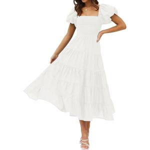 imageZESICA Womens 2026 Summer Square Neck Short Puff Sleeve Solid Color High Waist Casual Smocked Flowy A Line Tiered Midi DressWhite