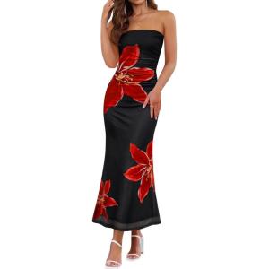 imageZESICA Womens Boho Floral Strapless Midi Dress 2025 Summer Off Shoulder Bodycon Beach Party Long DressesBlack