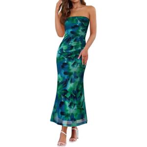 imageZESICA Womens Boho Floral Strapless Midi Dress 2025 Summer Off Shoulder Bodycon Beach Party Long DressesGreen