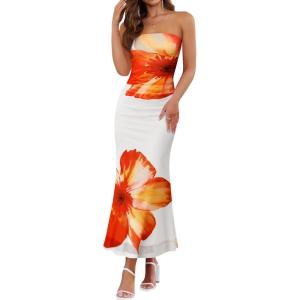 imageZESICA Womens Boho Floral Strapless Midi Dress 2025 Summer Off Shoulder Bodycon Beach Party Long DressesOrange