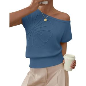 imageZESICA Womens Off Shoulder Floral Sweaters Tops 2026 Summer Sleeveless Loose Knit Cute Pullover Trendy ClothesDustyblue