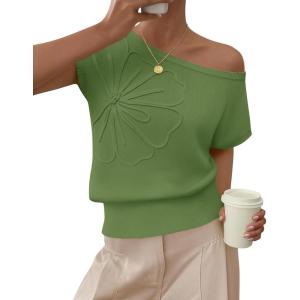 imageZESICA Womens Off Shoulder Floral Sweaters Tops 2026 Summer Sleeveless Loose Knit Cute Pullover Trendy ClothesGreen