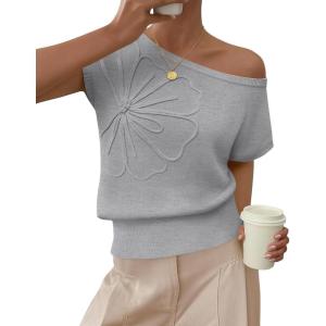 imageZESICA Womens Off Shoulder Floral Sweaters Tops 2026 Summer Sleeveless Loose Knit Cute Pullover Trendy ClothesGrey