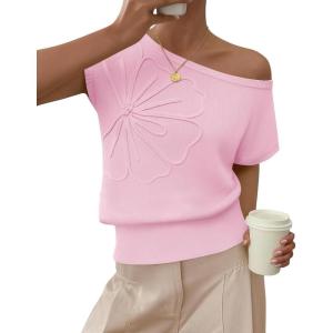 imageZESICA Womens Off Shoulder Floral Sweaters Tops 2026 Summer Sleeveless Loose Knit Cute Pullover Trendy ClothesPink
