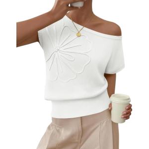 imageZESICA Womens Off Shoulder Floral Sweaters Tops 2026 Summer Sleeveless Loose Knit Cute Pullover Trendy ClothesWhite