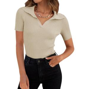 imageZESICA Womens Short Sleeve V Neck T Shirts 2026 Summer Ribbed Knit Slim Fitted Basic Solid Color Tee TopsAlmond