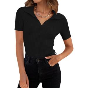 imageZESICA Womens Short Sleeve V Neck T Shirts 2026 Summer Ribbed Knit Slim Fitted Basic Solid Color Tee TopsBlack