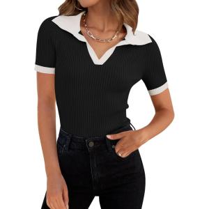 imageZESICA Womens Short Sleeve V Neck T Shirts 2026 Summer Ribbed Knit Slim Fitted Basic Solid Color Tee TopsDim