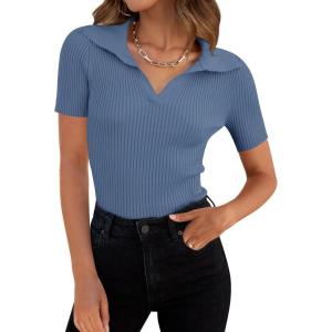 imageZESICA Womens Short Sleeve V Neck T Shirts 2026 Summer Ribbed Knit Slim Fitted Basic Solid Color Tee TopsDustyblue