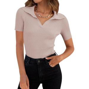 imageZESICA Womens Short Sleeve V Neck T Shirts 2026 Summer Ribbed Knit Slim Fitted Basic Solid Color Tee TopsDustypink