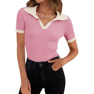 imageZESICA Womens Short Sleeve V Neck T Shirts 2026 Summer Ribbed Knit Slim Fitted Basic Solid Color Tee TopsPink