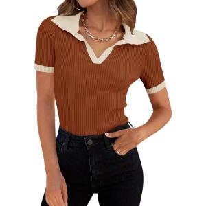 imageZESICA Womens Short Sleeve V Neck T Shirts 2026 Summer Ribbed Knit Slim Fitted Basic Solid Color Tee TopsRust