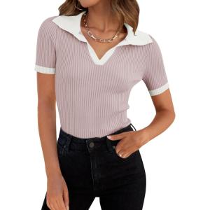 imageZESICA Womens Short Sleeve V Neck T Shirts 2026 Summer Ribbed Knit Slim Fitted Basic Solid Color Tee TopsTaro