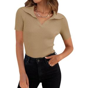 imageZESICA Womens Short Sleeve V Neck T Shirts 2026 Summer Ribbed Knit Slim Fitted Basic Solid Color Tee TopsToffee