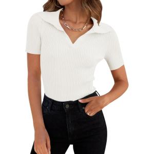 imageZESICA Womens Short Sleeve V Neck T Shirts 2026 Summer Ribbed Knit Slim Fitted Basic Solid Color Tee TopsWhite