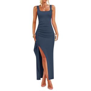 imageZESICA Womens Sleeveless Formal Maxi Dresses 2026 Summer Ribbed Square Neck High Split Party Bodycon Long DressNavy