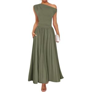 imageZESICA Womens Summer 2026 Sleeveless Maxi Dress One Shoulder Casual Slim Swing Pleated Formal Dresses with PocketsArmygreen