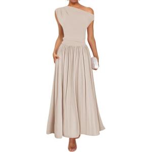 imageZESICA Womens Summer 2026 Sleeveless Maxi Dress One Shoulder Casual Slim Swing Pleated Formal Dresses with PocketsLightapricot