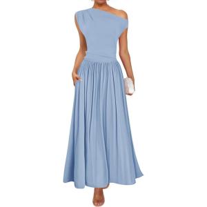 imageZESICA Womens Summer 2026 Sleeveless Maxi Dress One Shoulder Casual Slim Swing Pleated Formal Dresses with PocketsLightblue