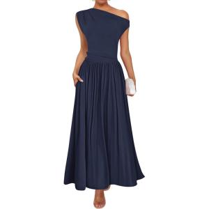 imageZESICA Womens Summer 2026 Sleeveless Maxi Dress One Shoulder Casual Slim Swing Pleated Formal Dresses with PocketsNavy