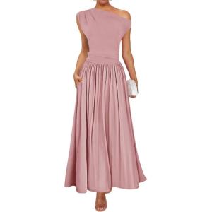imageZESICA Womens Summer 2026 Sleeveless Maxi Dress One Shoulder Casual Slim Swing Pleated Formal Dresses with PocketsPink
