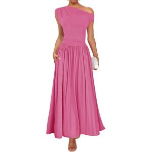 imageZESICA Womens Summer 2026 Sleeveless Maxi Dress One Shoulder Casual Slim Swing Pleated Formal Dresses with PocketsRose
