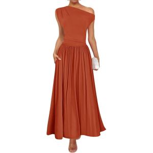 imageZESICA Womens Summer 2026 Sleeveless Maxi Dress One Shoulder Casual Slim Swing Pleated Formal Dresses with PocketsRustred
