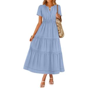 imageZESICA Womens Summer Casual Short Sleeve Midi Dresses 2026 V Neck Elastic Waist Tiered Flowy Boho Dress with PocketBlue