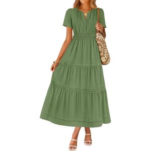 imageZESICA Womens Summer Casual Short Sleeve Midi Dresses 2026 V Neck Elastic Waist Tiered Flowy Boho Dress with PocketGreen