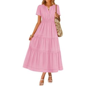 imageZESICA Womens Summer Casual Short Sleeve Midi Dresses 2026 V Neck Elastic Waist Tiered Flowy Boho Dress with PocketPink