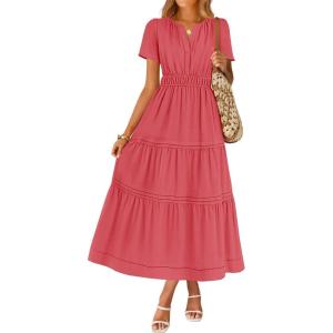 imageZESICA Womens Summer Casual Short Sleeve Midi Dresses 2026 V Neck Elastic Waist Tiered Flowy Boho Dress with PocketWatermelon