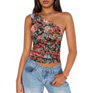 imageZESICA Womens Summer Floral Going Out Tank Tops 2026 Off Shoulder Slim Fit Y2K Crop Mesh Top Beach Vacation OutfitsFloral Black