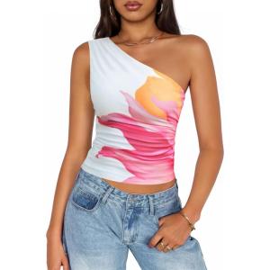 imageZESICA Womens Summer Floral Going Out Tank Tops 2026 Off Shoulder Slim Fit Y2K Crop Mesh Top Beach Vacation OutfitsWhite