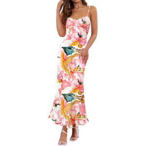 imageZESICA Womens Summer Floral Spaghetti Straps Maxi Dress 2026 Sleeveless Square Neck Bodycon Beach Boho Long DressesPink